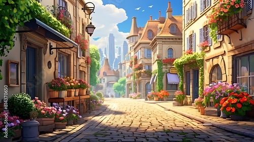 A charming cobblestone street winding through a historic town, lined with quaint cafes, colorful facades, and blooming flower baskets.