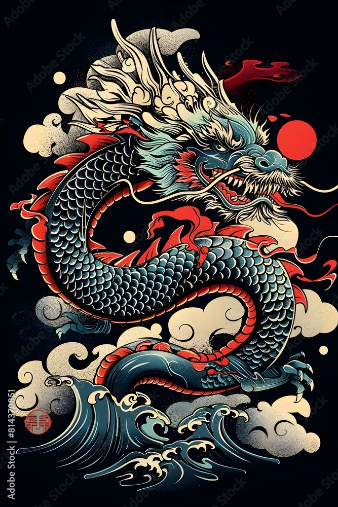 Φωτογραφία Majestic Japanese Inspired Dragon with Swirling Clouds and Waves in Ink Painting