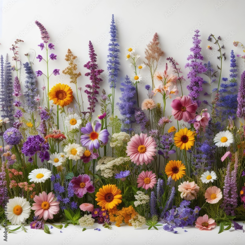 variety of flowers arranged in a row against a clean, white background, different types and colors, including purple lavender, yellow daisies, and other wildflowers, vibrant and natural look, spread o variety of flowers arranged in a row against a clean, white background, different types and colors, including purple lavender, yellow daisies, and other wildflowers, vibrant and natural look, spread o