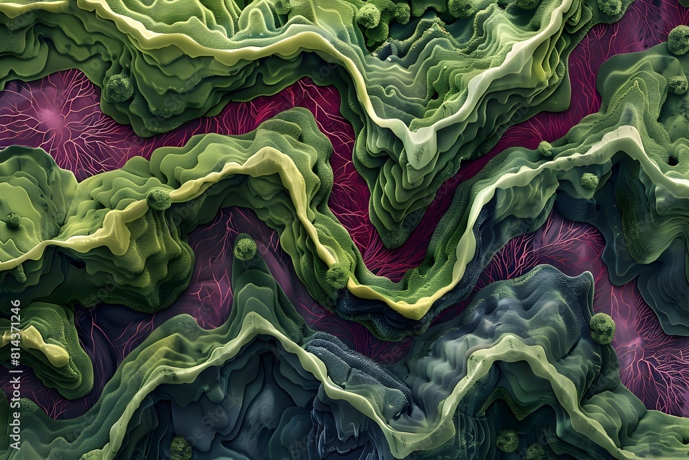 Obraz premium Mesmerizing Aerial Perspective of a Surreal Landscape Morphing into Anatomical Imagery of Cells and Tissues