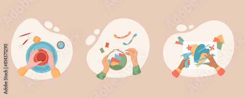 Flat creative hand craft hobby concept set, handicraft DIY pottery craftwork background, colorful hands create painting at art workshop, children handmade beading activity collection.