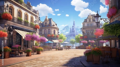 A charming village square with a historic fountain, surrounded by colorful buildings adorned with flower-filled balconies and bustling cafes. photo