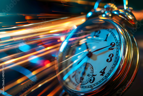 An alarm clock is captured with a time warp effect, its face sharp against a background of colorful light streaks, symbolizing speed and the fleeting nature of time