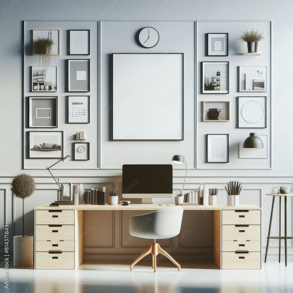 Fototapeta premium A desk with a computer and a chair in front of a wall with pictures image has illustrative meaning card design.