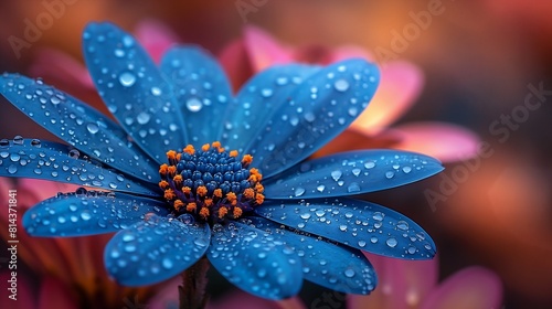 closeup blue flower deep droplets bloomy daisy depicting