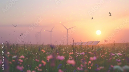 A serene rural setting at dawn, a row of wind turbines and solar panels amidst wildflowers, soft morning fog, birds flying around. Created Using: Pastoral beauty, early morning light, interaction