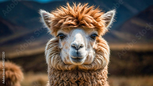 Cute furry alpaca portrait. The llama, Lama glama domesticated South American camelid animals on the green meadow in the Andes mountains. Cute furry alpaca or lama portrait photo