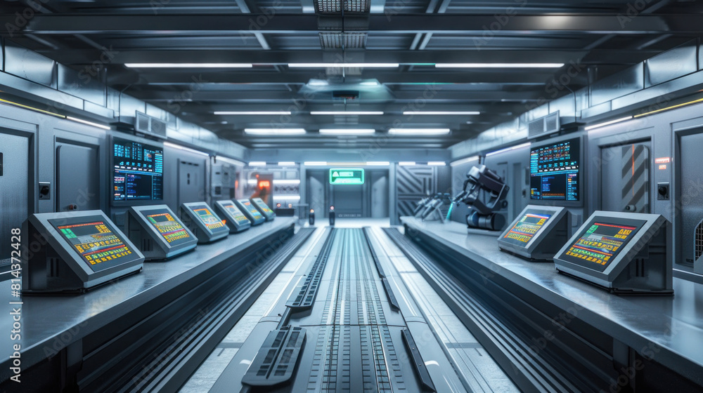 Obraz premium Governs the actions of robotic arms as they skillfully handle manufactured products on conveyor belts, portrayed in immersive 3D rendering within an empty logistics depot.