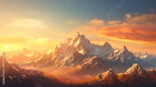 A majestic mountain range bathed in golden sunlight, with rugged peaks stretching into the distance under a clear blue sky.