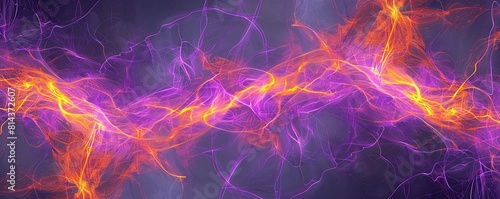 A panoramic arrangement of interconnected electric violet and bright orange plexus lines sweeping across a dark grey backdrop photo