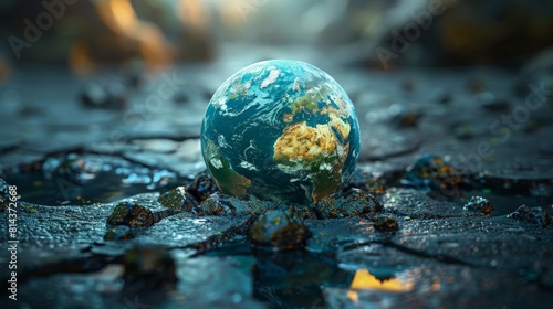 Blue and green planet Earth with water and land surrounded by stars in the space. © MAY
