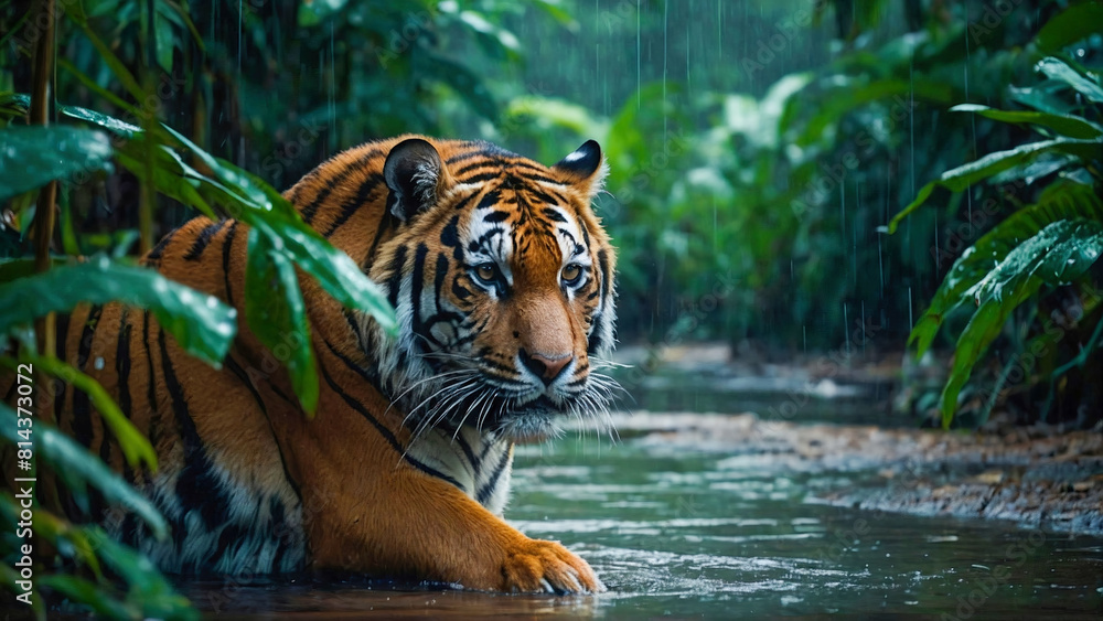 Wildlife photo of a sumateran tiger in the jungle Wildlife photo of a sumateran tiger in the jungle