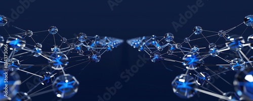 A panoramic layout of bright blue and silver plexus connections expanding across a navy background photo