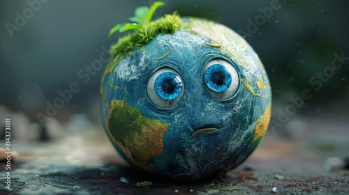 Sad earth character with big eyes and a sprout on its head. Climate change concept.