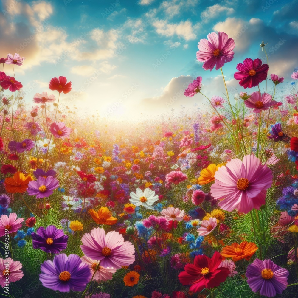 Obraz premium vibrant and colorful field of wildflowers under a clear sky with a variety of flowers in sharp detail against a dreamy backdrop