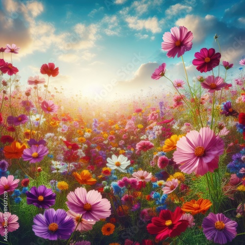 vibrant and colorful field of wildflowers under a clear sky with a variety of flowers in sharp detail against a dreamy backdrop