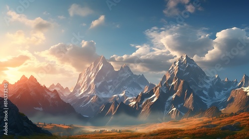 A majestic mountain range bathed in golden sunlight, with rugged peaks stretching into the distance under a clear blue sky. photo