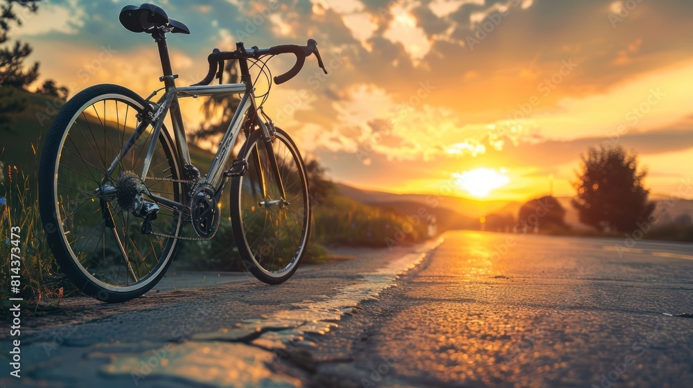 Fototapeta premium Road bike parking on beautiful yellow sunset road,