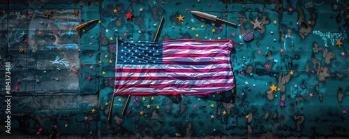 A dark blue, grungetextured background featuring an old American flag and vintage patriotic symbols photo