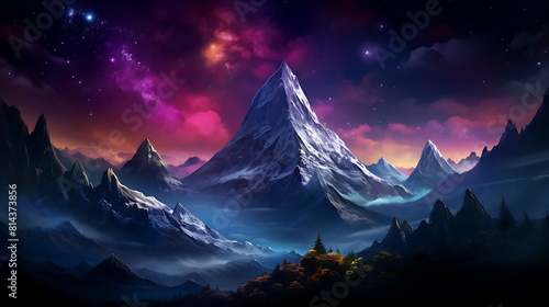 a mountain in the night sky with colorful lights  generative ai