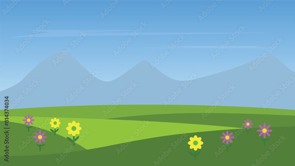 landscape cartoon scene with colorful flower on green hill and mountain with blue sky background