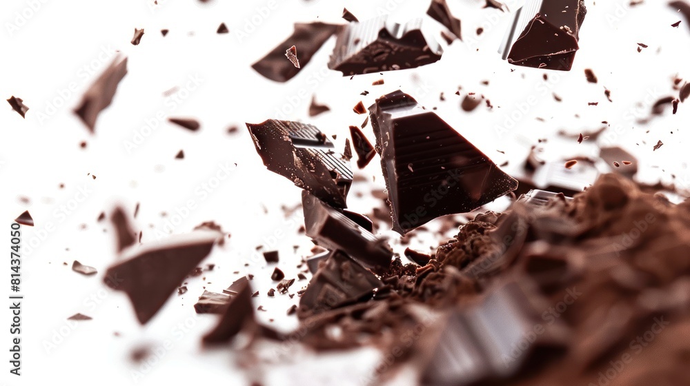 Fototapeta premium Broken chocolate pieces falling on white background.