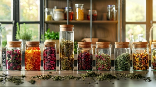 Image shows a variety of spices and dried herbs in glass jars on a wooden shelf in a home kitchen.