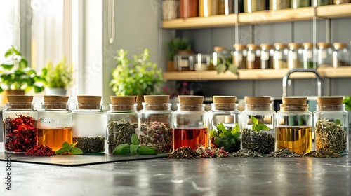 Image shows a variety of spices and herbs in glass jars on a kitchen counter.