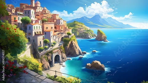 A picturesque coastal town nestled between towering cliffs, with colorful houses perched on steep slopes overlooking the sparkling sea below. photo
