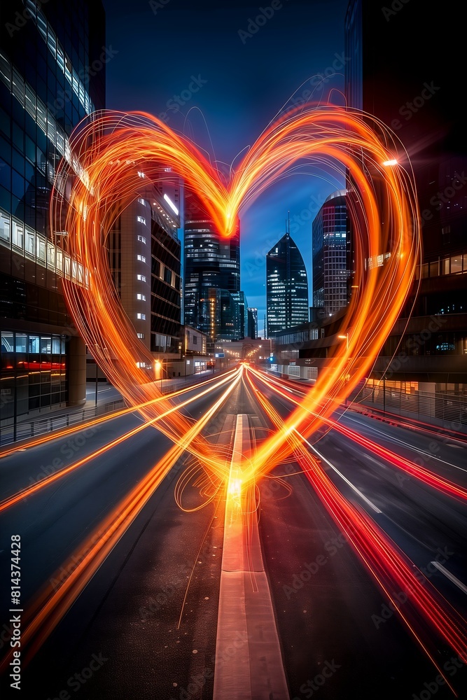 heart shaped light city street flying amazing inspiring interconnected fire sparks leading lines