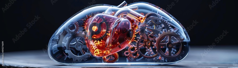 Heart depicted as a mechanical pump in a clear chest, side view Heart of gears, scifi tone, Tetradic color scheme Heart depicted as a mechanical pump in a clear chest, side view Heart of gears, scifi tone, Tetradic color scheme