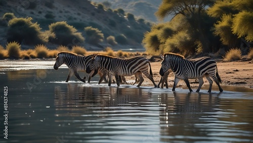 Serene Zebras Wading Through Water at Twilight photo