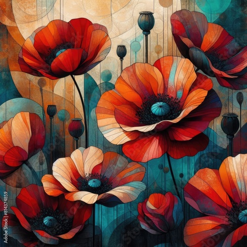 vibrant, stylized poppy flowers with prominent petals in shades of red and orange, set against a textured background with abstract elements and hints of blue, dark centers, green stems