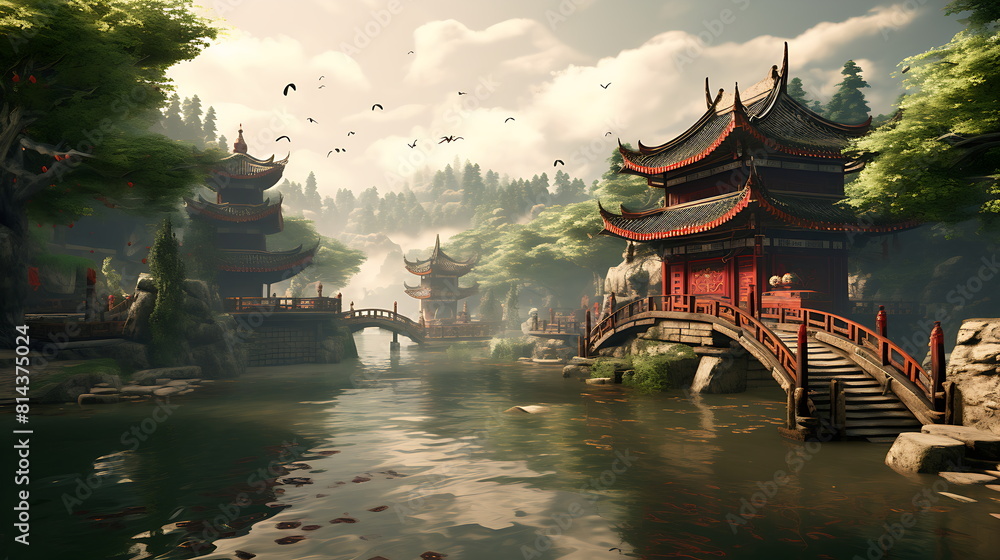 Obraz premium A scenic cherry blossom garden with a pagoda by sea with mountains silhouet, generative ai