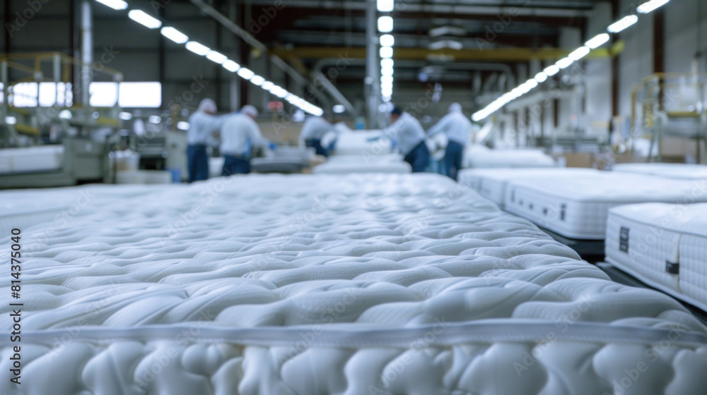 Fototapeta premium industrial setting, white mattresses are neatly lined up, a testament to the efficiency of production processes, while workers diligently attend to their tasks in the background.