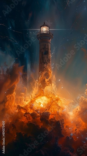 lighthouse sky lot clouds abaddon diagonal spell old ruins tower exploding nebulae chase engulfed swirling flames eternals photo
