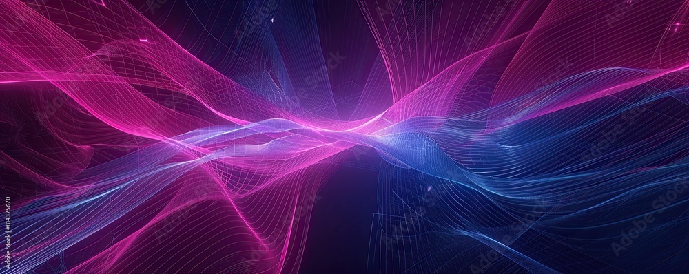 A panoramic view of deep magenta and electric blue lines weaving through a dark setting A panoramic view of deep magenta and electric blue lines weaving through a dark setting