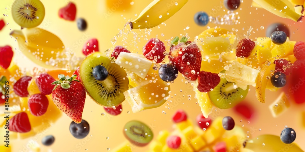 a bunch of fruit falling into the air with water droplets on them a bunch of fruit falling into the air with water droplets on them