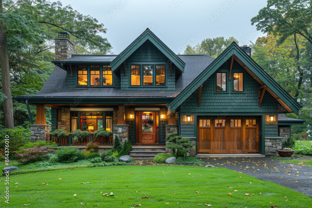 A Luxurious Craftsman Style Home Surrounded by Nature, Ideal for Interior Design Showcases, Home Improvement Articles, and Eco-friendly Living. Created with Ai
