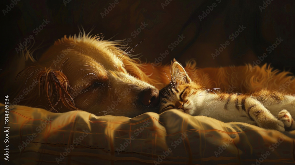Obraz premium Dog and cat find comfort in each other's presence, their bodies intertwined in a peaceful slumber, their friendship transcending species boundaries.