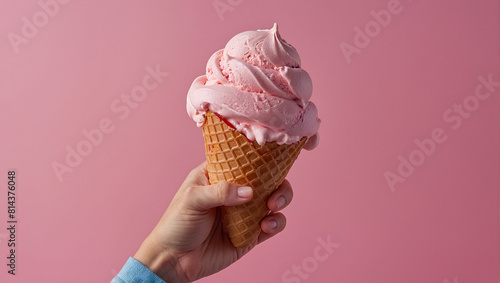 hand holding waffle cone with pink ice cream on pink background 
