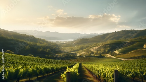 A picturesque vineyard nestled in a valley  rows of lush grapevines stretching towards the horizon against a backdrop of rolling hills.