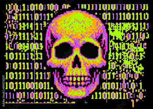 A collage of a skull and binary code on a glitchy pixelated neon background. The concept of cybersecurity and malware.
