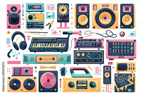 80s90s style Art style elements set with disco equipment and retro objects in colorful vintage style Boombox photo