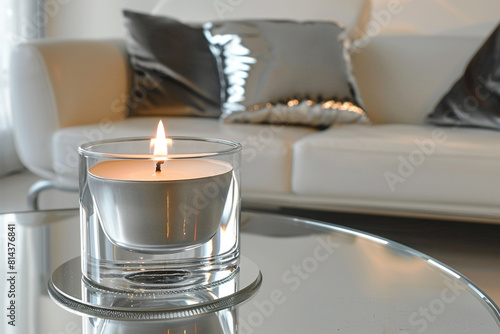 A minimalist glass candle set on a reflective mirror base  creating an illusion of infinite light  with a metallic silver pillow on a futuristic white sofa in the background.