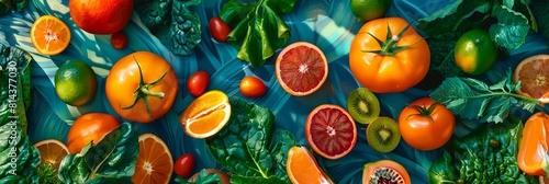 variety of fruits and vegetables on a blue background with leaves