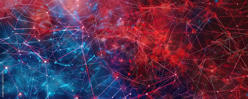 Obraz premium A wide canvas of vibrant red and deep blue connections creating a vivid plexus effect