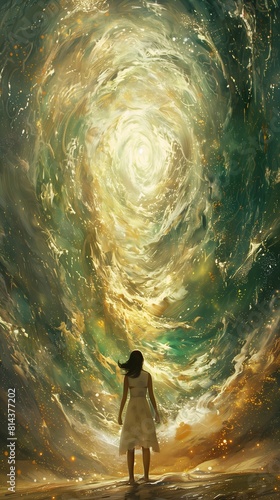 woman standing deep looking swirling swirl cosmic skies tall golden heavenly gates exalted resin explosion beams light warped photo