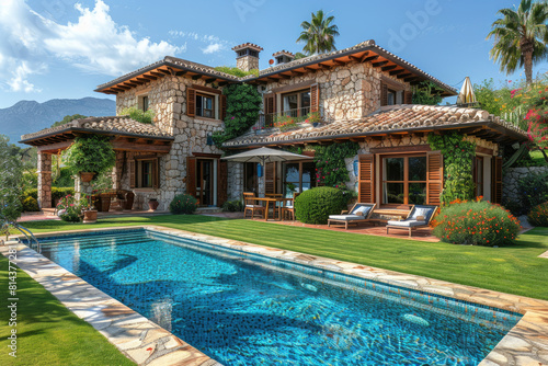 Exteriror of a beautiful house with greenery and large pool outside. Created with Ai
