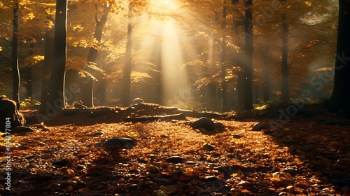 A tranquil forest scene with a carpet of vibrant autumn leaves covering the forest floor  illuminated by shafts of golden sunlight.